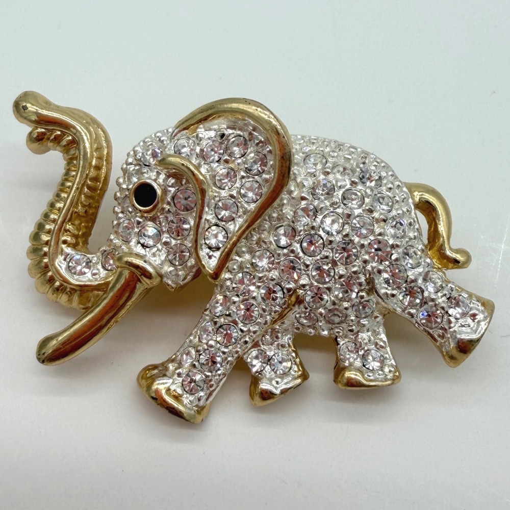 Roman Elephant Brooch Gold Tone Clear Rhinestone Pave Small Signed Vintage